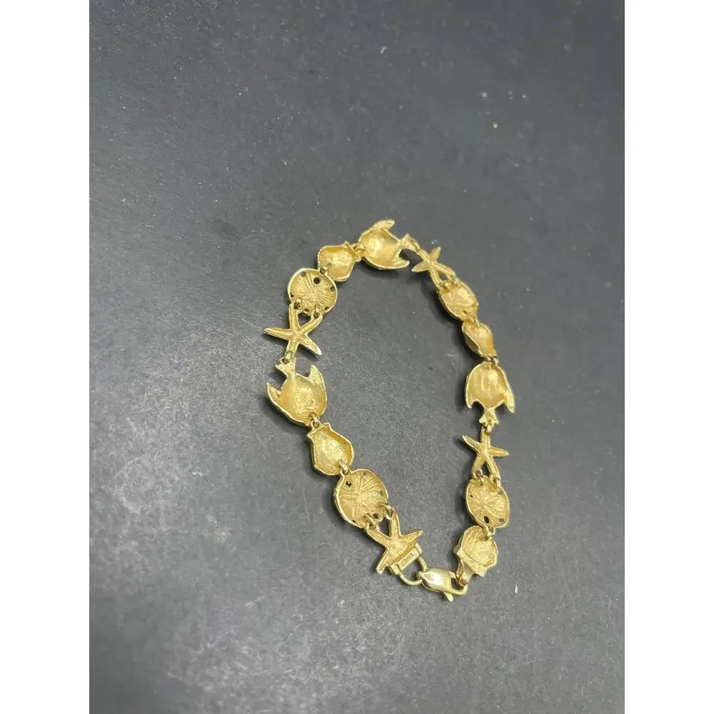 14K Yellow Gold Nautical Sea Life Link Bracelet Starfish Shell Fish 12.06 Grams